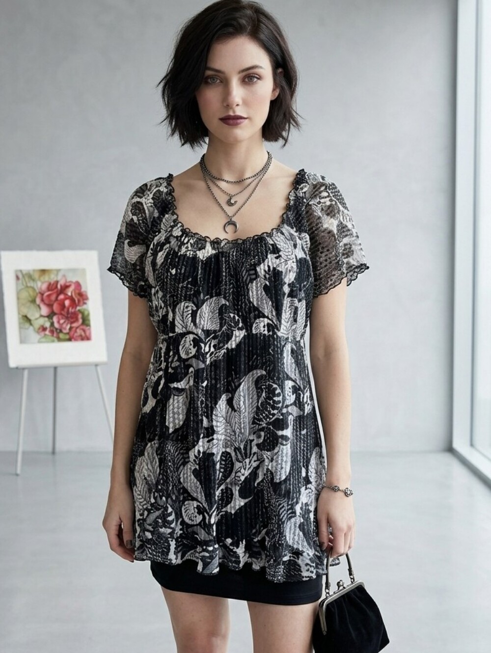 Marie Claire Black & White Abstract Floral Blouse, Semi Sheer Top, Size L